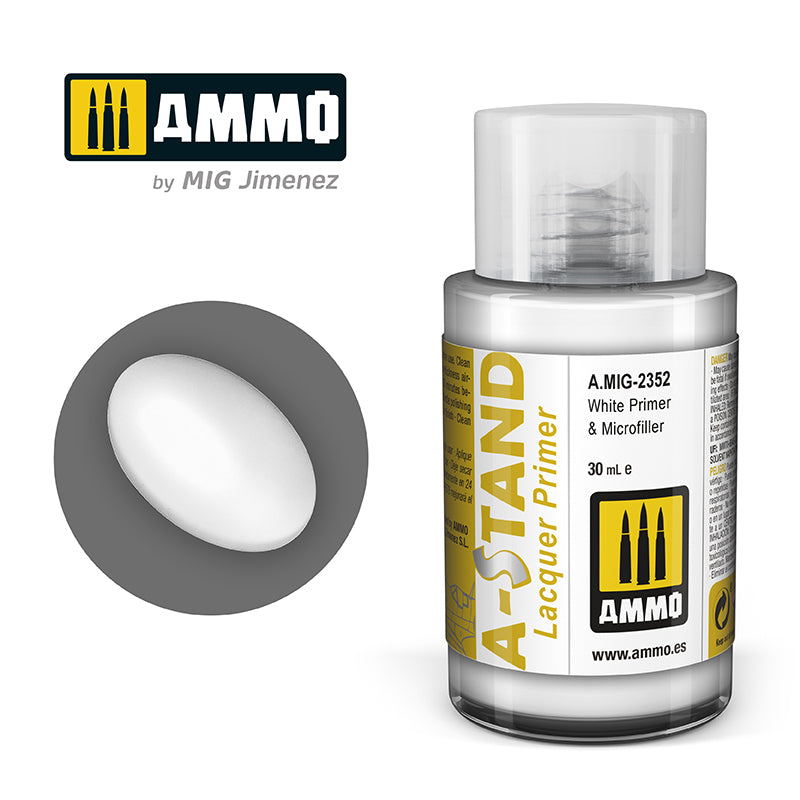 Ammo Mig A-Stand Lacquer Paint 30ml - White Primer & Microfille