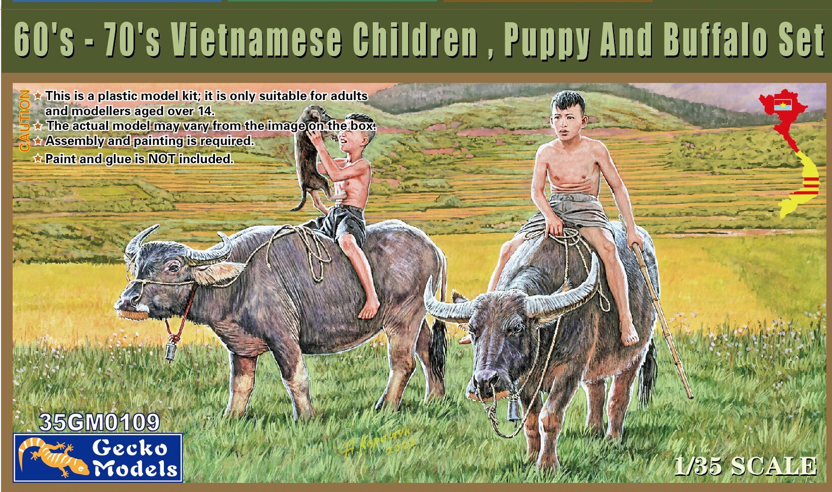 Gecko 1/35 60's - 70's Vietnamese Children, Puppy And Buffalo Set