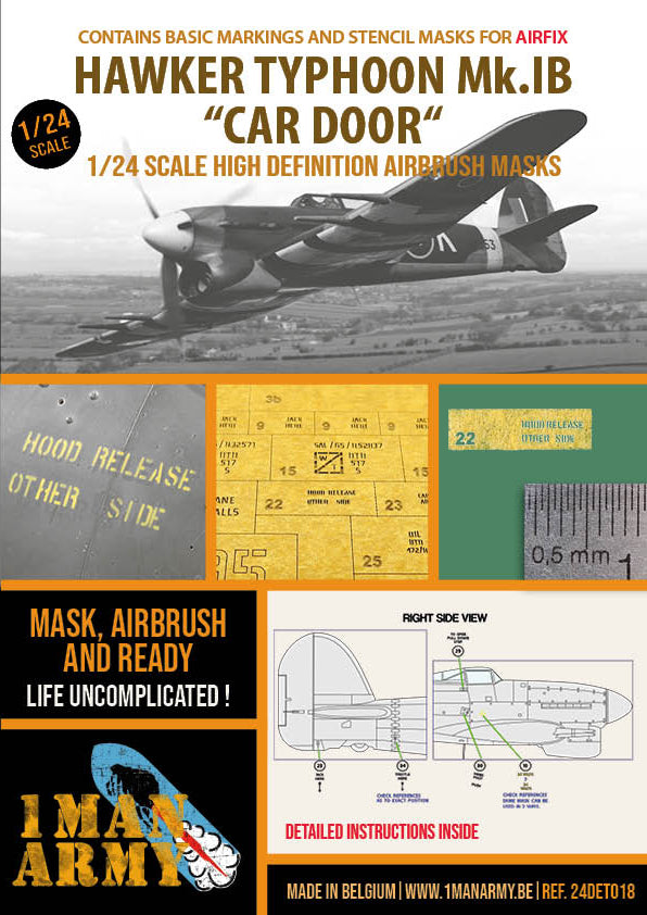 1ManArmy 1/24 Hawker Typhoon Mk.1B "Car Door" (Airfix A19003) Airbrush Paint Mask | 714639354778