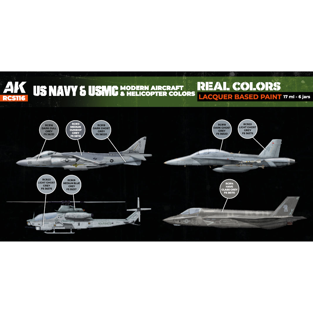 AK Interactive Real Colors US Navy&USMC Modern Aircraft&Helicopter Colors Set (Set of 6)