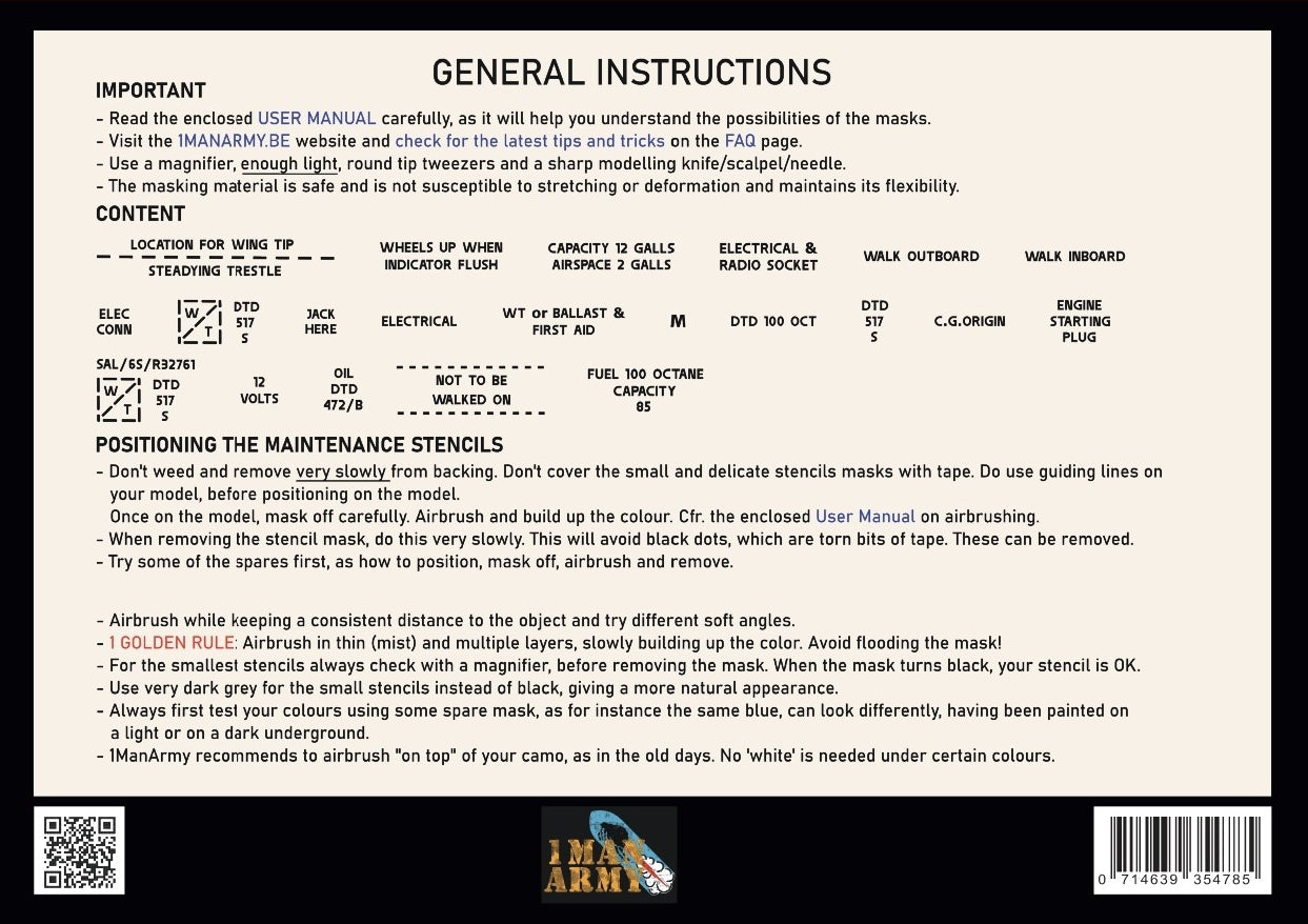 1ManArmy 1/48 Spitfire Mk I/II Generic Data Stencils Set