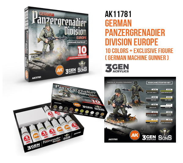 AK Interactive German Panzergrenadier Division Europe - Starter Set (10 Colors + Exclusive Figure German Machine Gunner)