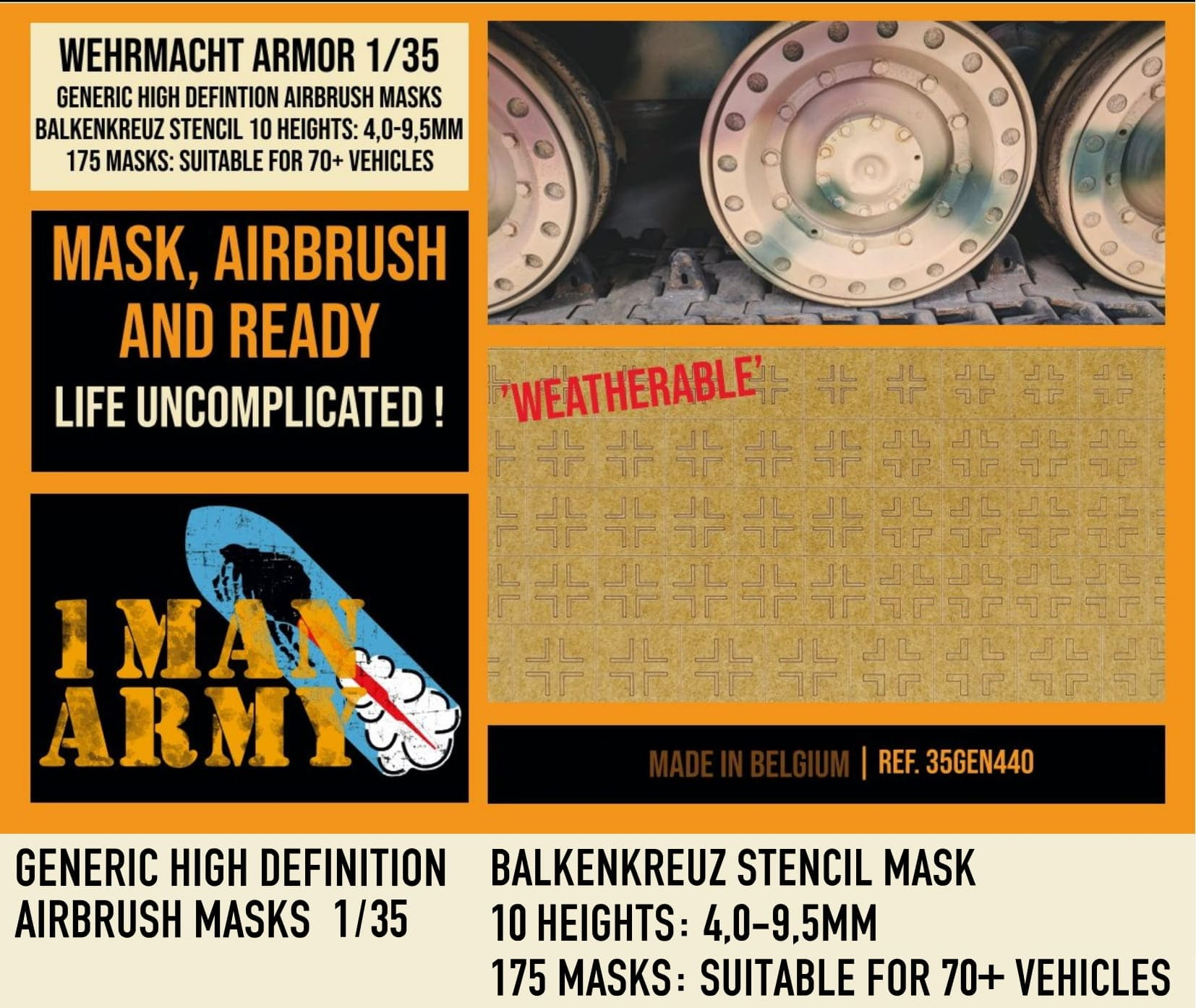 1ManArmy 1/35 German Balkenkreuz Stencil 4,0 to 9,5 Airbrush Paint Masks