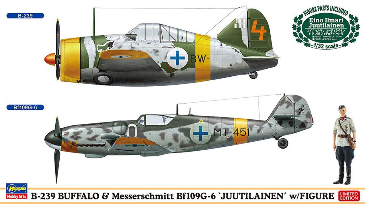 Hasegawa 1/72 B-239 BUFFALO & Messerschmitt Bf109G-6 JUUTILAINEN w/FIGURE (Two kits in the box)