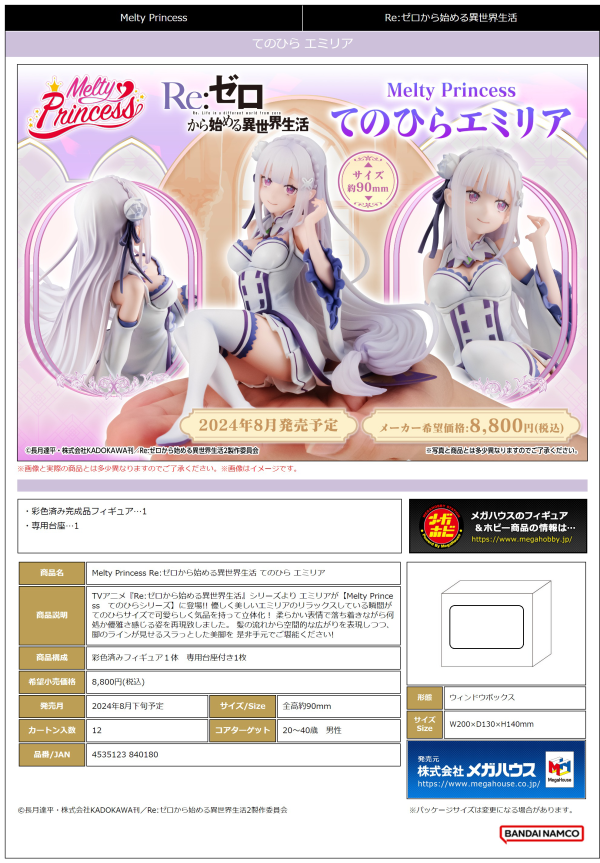 MegaHouse Melty Princess Re：Life in a different world from zero Palm Size Emilia