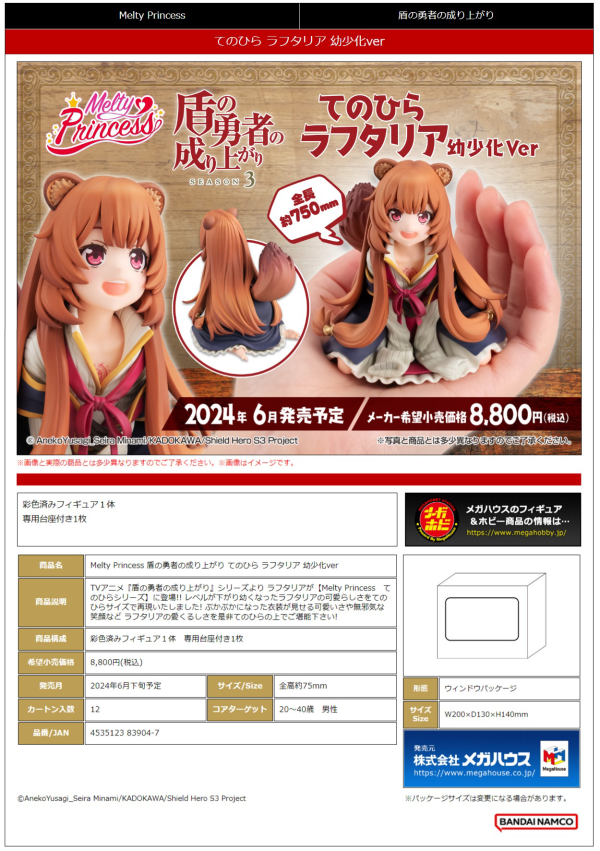 MegaHouse Melty Princess The Rising of the Shield Hero Palm size Raphtalia Ver. Childhood