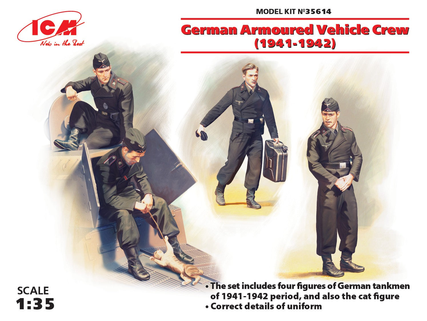 ICM 1/35 German Armoured Vehicle Crew (1941-1942) (4 figures and cat)